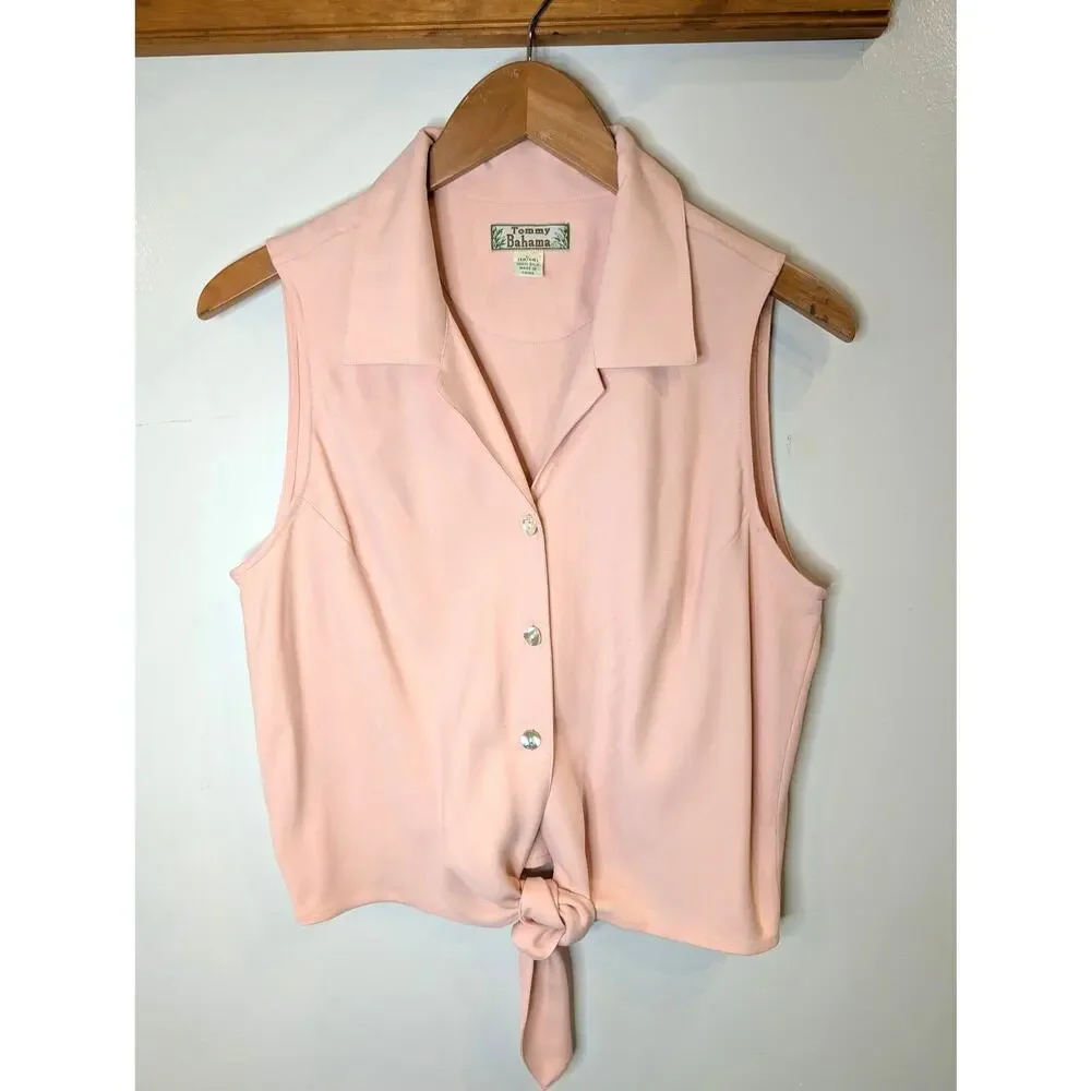 Tommy Bahama 100% Silk Sleeveless Tie Front Blush Pink Top Vintage Sz L - Picture 1 of 8